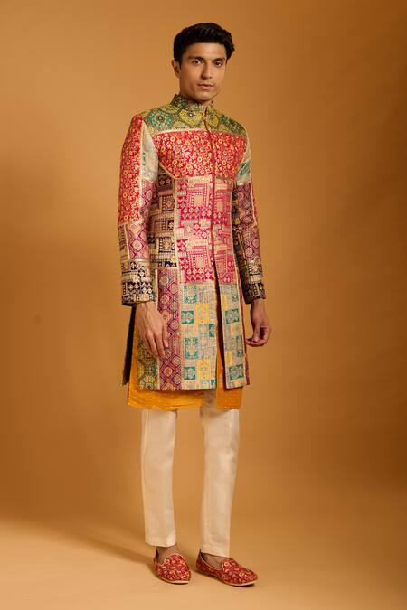 Shop Siddartha Tytler Multi Color Brocade, Chanderi, Polyester, Silk Quilted And Panelled Sherwani Set Online at Aza Fashions Shop_Siddartha Tytler_Multi Color Brocade, Chanderi, Polyester, Silk Quilted And Panelled Sherwani Set _Online_at_Aza_Fashions