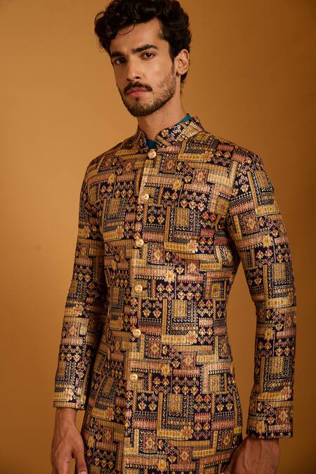 Shop Siddartha Tytler Multi Color Brocade Crystals, Studs Quilted And Crystallized Sherwani Set Online at Aza Fashions Shop_Siddartha Tytler_Multi Color Brocade Crystals, Studs Quilted And Crystallized Sherwani Set _Online_at_Aza_Fashions
