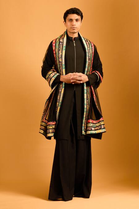 Siddartha Tytler_Black Linen Solid Kurta And Hakama Pant Set _Online_at_Aza_Fashions