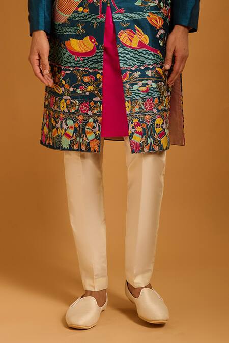 Siddartha Tytler_Multi Color Dupion Embroidery Forest Thread Work Sherwani Set _Online_at_Aza_Fashions