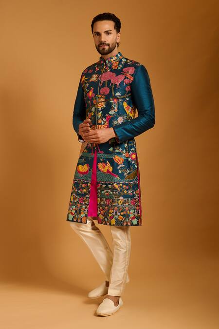 Buy_Siddartha Tytler_Multi Color Dupion Embroidery Forest Thread Work Sherwani Set _Online_at_Aza_Fashions