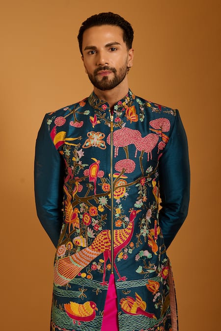 Shop_Siddartha Tytler_Multi Color Dupion Embroidery Forest Thread Work Sherwani Set _Online_at_Aza_Fashions