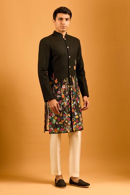 Buy_Siddartha Tytler_Black Silk Embroidery, Crystals, Metallic Thread Forest And Work Sherwani Set _Online_at_Aza_Fashions