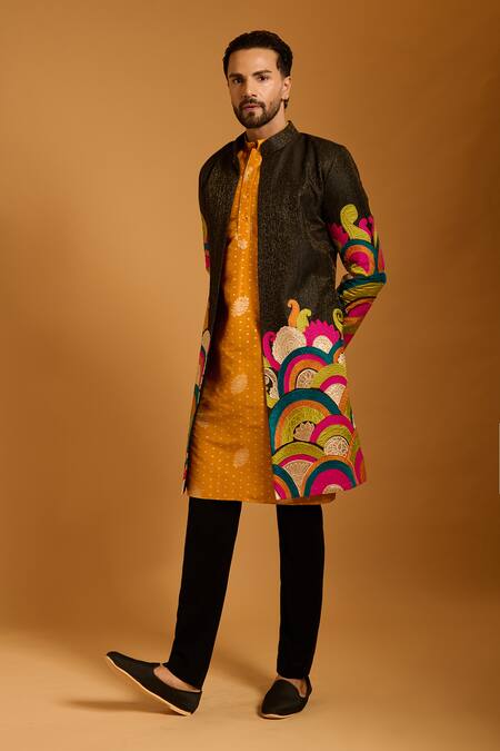 Shop Siddartha Tytler Multi Color Silk, Chanderi Applique Work Sherwani Set Online at Aza Fashions Shop_Siddartha Tytler_Multi Color Silk, Chanderi Applique Work Sherwani Set _Online_at_Aza_Fashions