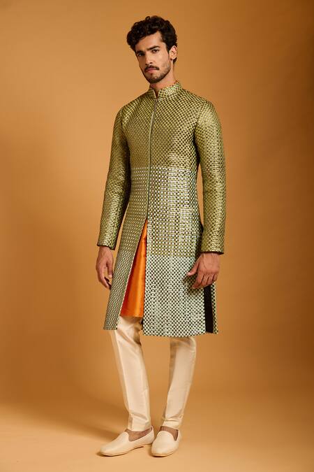 Siddartha Tytler_Green Dupion, Lampi Metallic Thread Intrecciato Woven Sherwani Set _Online_at_Aza_Fashions