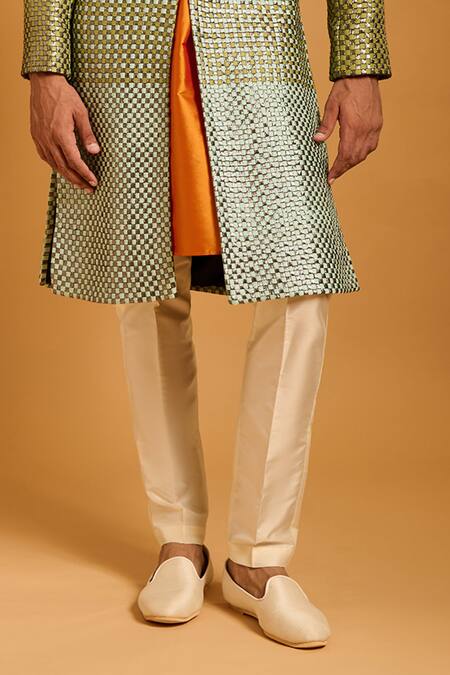 Buy_Siddartha Tytler_Green Dupion, Lampi Metallic Thread Intrecciato Woven Sherwani Set _Online_at_Aza_Fashions