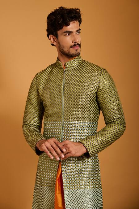 Shop_Siddartha Tytler_Green Dupion, Lampi Metallic Thread Intrecciato Woven Sherwani Set _Online_at_Aza_Fashions
