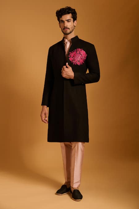 Siddartha Tytler_Black Silk, Polyester Crystals Floral Crest Patch Sherwani Set _Online_at_Aza_Fashions