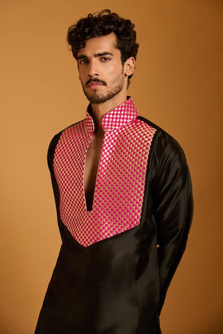 Siddartha Tytler_Black Polyester, Silk Contrast Bodice Kurta Set _Online_at_Aza_Fashions