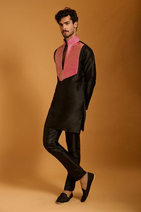 Buy_Siddartha Tytler_Black Polyester, Silk Contrast Bodice Kurta Set _Online_at_Aza_Fashions