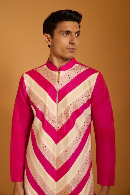 Shop Siddartha Tytler Fuchsia Polyester, Silk Crystals Chevron Pattern Kurta Set Online at Aza Fashions Shop_Siddartha Tytler_Fuchsia Polyester, Silk Crystals Chevron Pattern Kurta Set _Online_at_Aza_Fashions