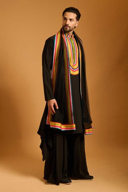Siddartha Tytler_Black Crepe, Net Striped Bodice Kurta Set _Online_at_Aza_Fashions