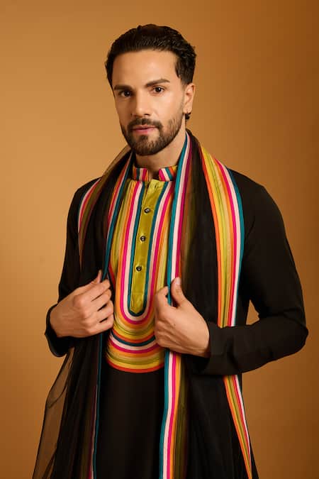 Buy_Siddartha Tytler_Black Crepe, Net Striped Bodice Kurta Set _Online_at_Aza_Fashions