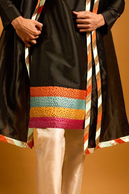 Shop Siddartha Tytler Black Organza Crystals Striped And Work Kurta Set Online at Aza Fashions Shop_Siddartha Tytler_Black Organza Crystals Striped And Work Kurta Set _Online_at_Aza_Fashions