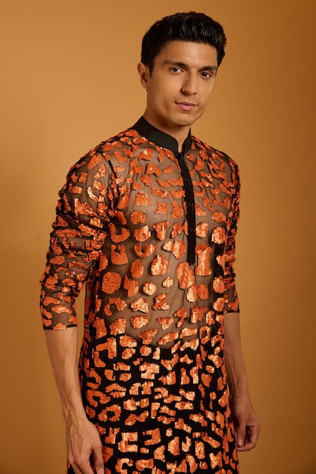 Shop_Siddartha Tytler_Black Net, Rayon Sequins, Embroidery Embellished Kurta Set _Online_at_Aza_Fashions