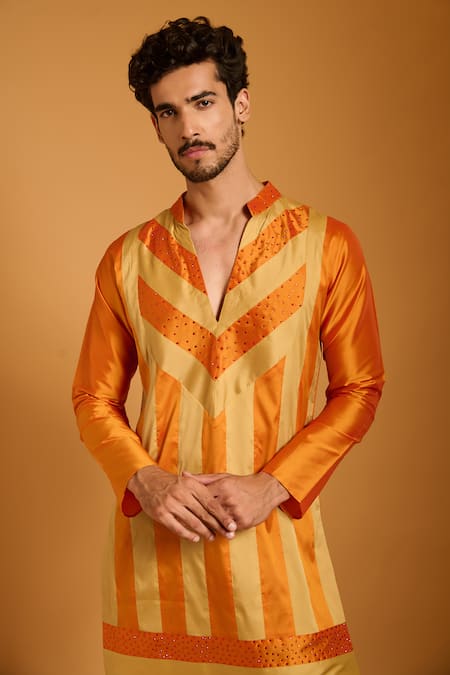 Siddartha Tytler_Orange Polyester Crystals Striped And Work Kurta Set _Online_at_Aza_Fashions