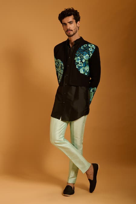 Siddartha Tytler_Black Silk Embroidery Thread Work Jacket Kurta Set _Online_at_Aza_Fashions