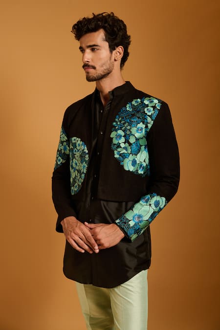 Buy_Siddartha Tytler_Black Silk Embroidery Thread Work Jacket Kurta Set _Online_at_Aza_Fashions