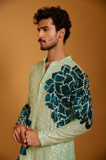 Siddartha Tytler_Aqua Georgette, Rayon Sequins Floral Work Kurta Set _Online_at_Aza_Fashions