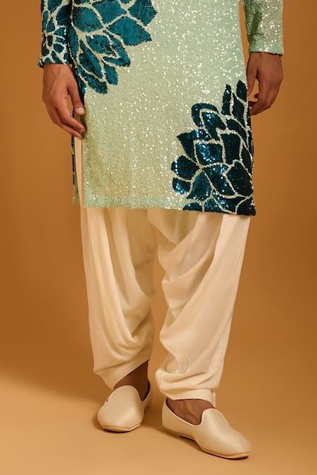 Shop_Siddartha Tytler_Aqua Georgette, Rayon Sequins Floral Work Kurta Set _Online_at_Aza_Fashions