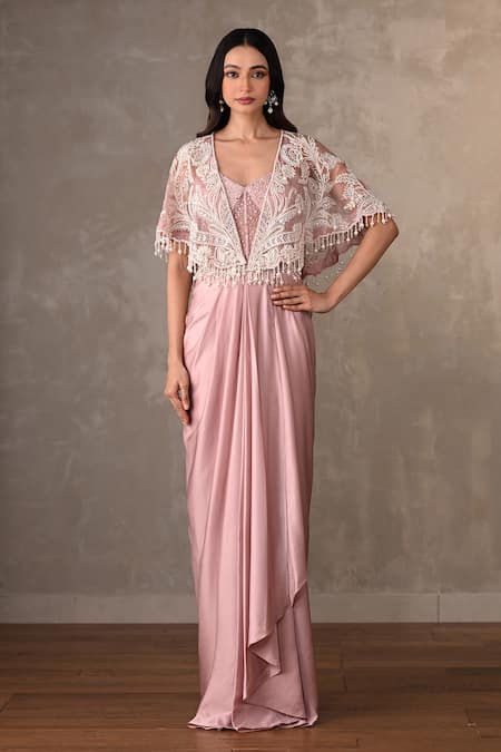 Onaya Embroidered Lace Cape & Draped Gown Set 