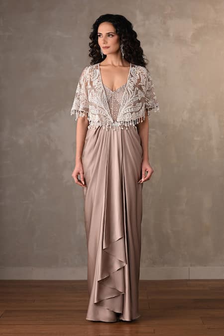 Onaya Embroidered Lace Cape & Draped Gown Set 
