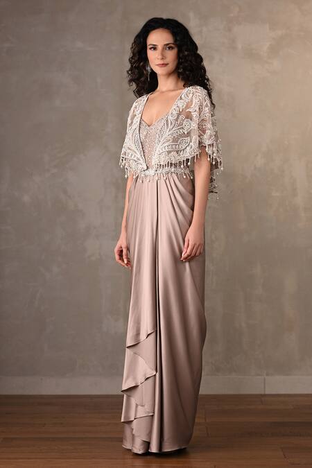 Onaya_Beige Satin Lace, Tassels V-neck Embroidered Cape And Draped Gown Set _Online_at_Aza_Fashions