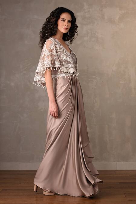 Shop_Onaya_Beige Satin Lace, Tassels V-neck Embroidered Cape And Draped Gown Set _Online_at_Aza_Fashions
