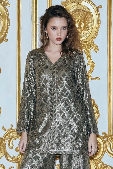 Dash And Dot_Grey Polyester Sequins Pewter Embroidered Pant _at_Aza_Fashions