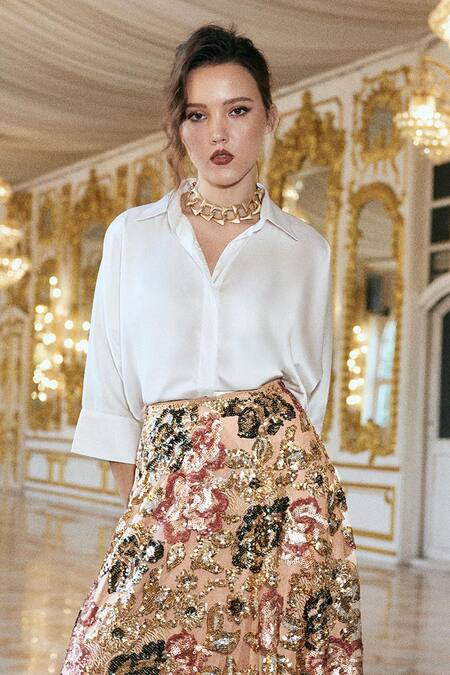 Buy_Dash And Dot_Multi Color Polyester Sequins, Embroidery Floral Work Maxi Skirt 