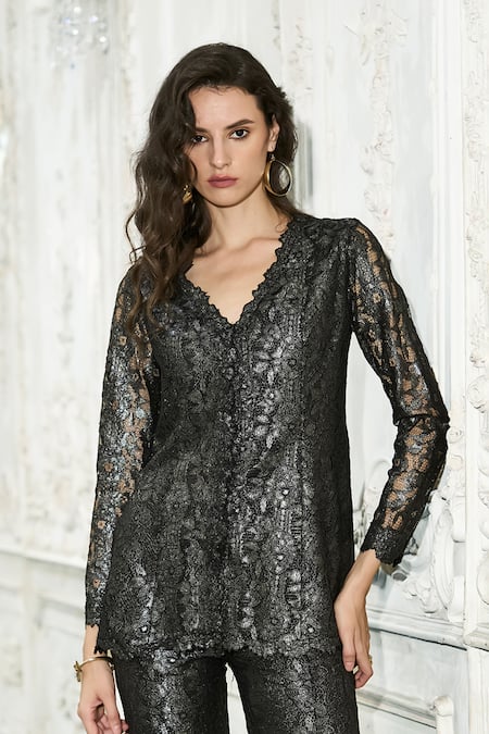 Dash And Dot Metallic Lace Peplum Top 