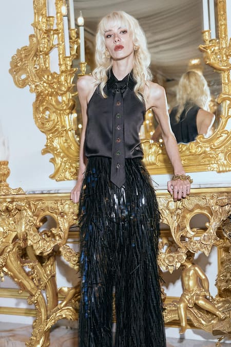 Buy_Dash And Dot_Black Polyester Sequins Cascading Fringe Pant _Online_at_Aza_Fashions