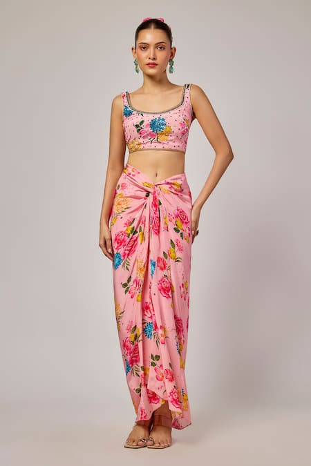 Krishna Padia Floral Printed Blouse & Draped Skirt Set 