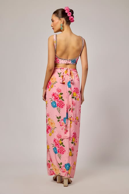 Krishna Padia Floral Printed Blouse & Draped Skirt Set 