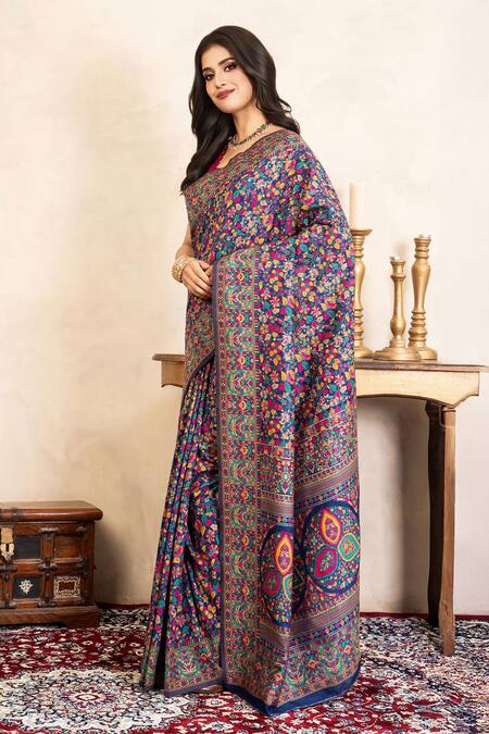 Buy_Zal From Benaras_Blue Silk Zari, Embroidery Banarasi Saree With Unstitched Blouse Fabric _Online_at_Aza_Fashions