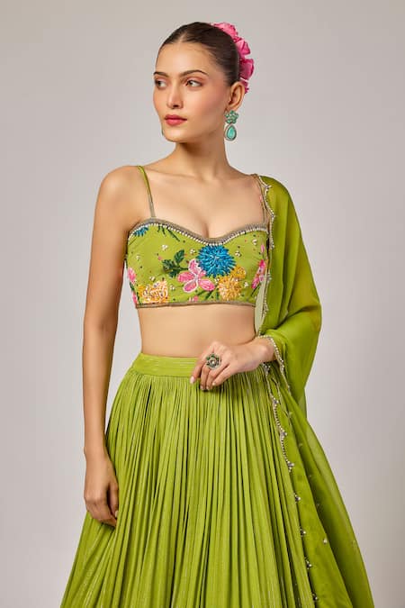 Buy_Krishna Padia_Green Georgette, Lurex, Crepe, Organza Sequins, Hand Blouse Lehenga Set _Online_at_Aza_Fashions