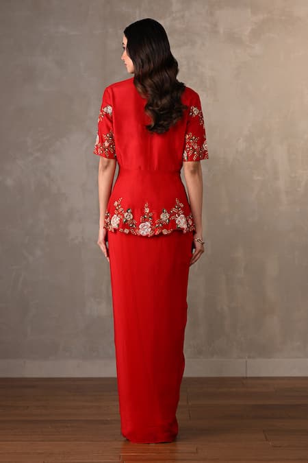 Onaya Floral Thread Embroidered Peplum Top & Skirt Set 
