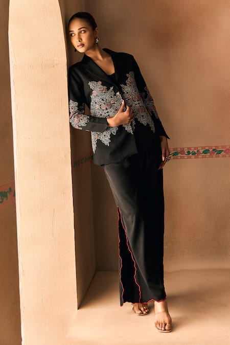Shop_1999ad By Amita & Deepak_Black Satin Embroidery V-neck Thread Jacket And Pant Set _Online_at_Aza_Fashions