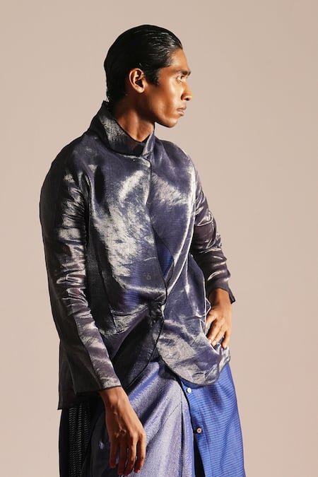 Urvashi Kaur Blue Silk Dash Zari Woven Single Breasted Blazer Online at Aza Fashions Urvashi Kaur_Blue Silk Dash Zari Woven Single Breasted Blazer _Online_at_Aza_Fashions