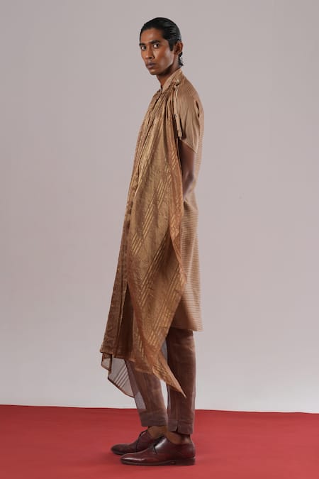 Urvashi Kaur Brown Tissue, Chanderi Silk Mizu Striped Pattern Kurta Online at Aza Fashions Urvashi Kaur_Brown Tissue, Chanderi Silk Mizu Striped Pattern Kurta _Online_at_Aza_Fashions