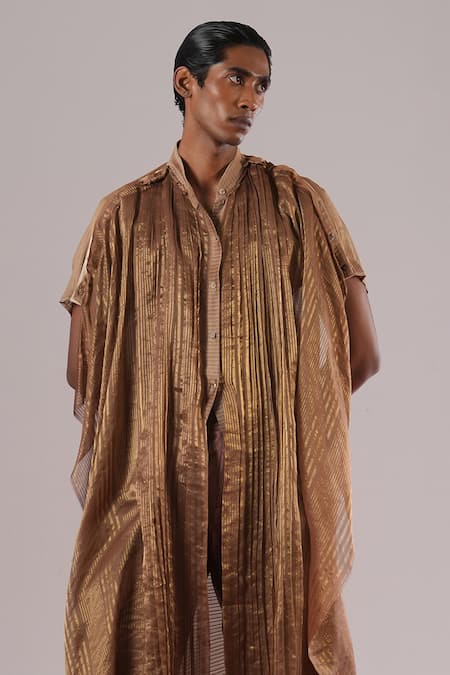 Buy Urvashi Kaur Brown Tissue, Chanderi Silk Mizu Striped Pattern Kurta Online at Aza Fashions Buy_Urvashi Kaur_Brown Tissue, Chanderi Silk Mizu Striped Pattern Kurta _Online_at_Aza_Fashions