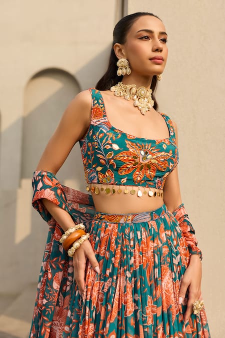 Diyarajvvir_Blue Georgette, Crepe Embroidery, Mirrors Square Amelia Floral Print Lehenga Set _Online_at_Aza_Fashions