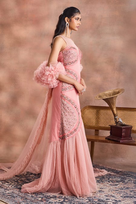 Supria Munjal Pink Net Embroidery, Ruffles Round Neck Petal Curve Gown With Drape Online at Aza Fashions Supria Munjal_Pink Net Embroidery, Ruffles Round Neck Petal Curve Gown With Drape _Online_at_Aza_Fashions