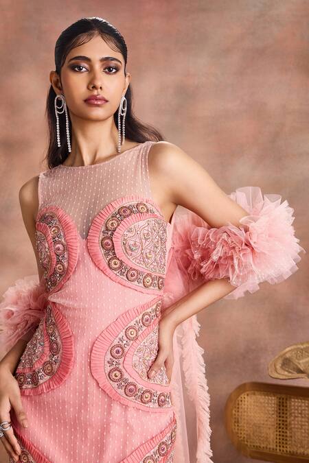 Buy Supria Munjal Pink Net Embroidery, Ruffles Round Neck Petal Curve Gown With Drape Online at Aza Fashions Buy_Supria Munjal_Pink Net Embroidery, Ruffles Round Neck Petal Curve Gown With Drape _Online_at_Aza_Fashions