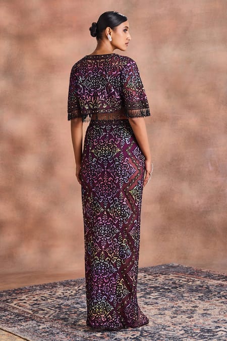 Supria Munjal Purple Net Embroidery, Sequins, Fringe, Beads Open Cutwork Jacket And Skirt Set Online at Aza Fashions Supria Munjal_Purple Net Embroidery, Sequins, Fringe, Beads Open Cutwork Jacket And Skirt Set _Online_at_Aza_Fashions