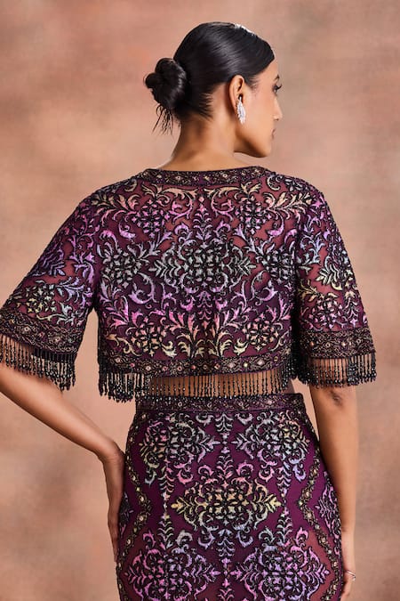 Buy Supria Munjal Purple Net Embroidery, Sequins, Fringe, Beads Open Cutwork Jacket And Skirt Set Online at Aza Fashions Buy_Supria Munjal_Purple Net Embroidery, Sequins, Fringe, Beads Open Cutwork Jacket And Skirt Set _Online_at_Aza_Fashions