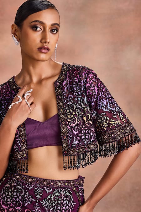 Shop Supria Munjal Purple Net Embroidery, Sequins, Fringe, Beads Open Cutwork Jacket And Skirt Set Online at Aza Fashions Shop_Supria Munjal_Purple Net Embroidery, Sequins, Fringe, Beads Open Cutwork Jacket And Skirt Set _Online_at_Aza_Fashions