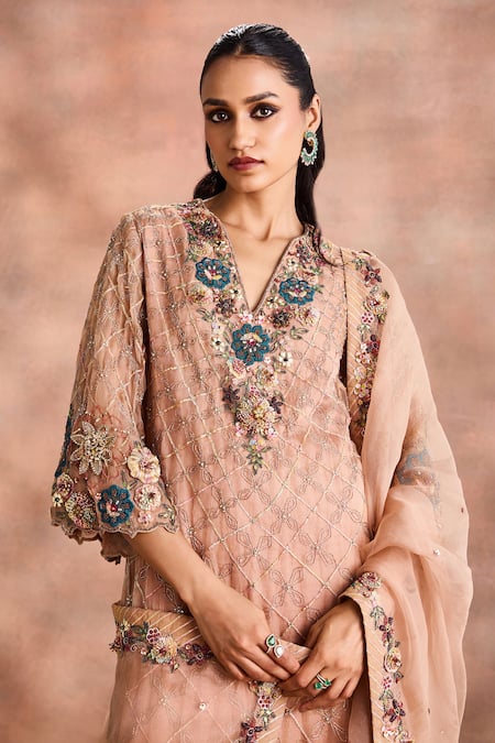 Supria Munjal Beige Silk Organza Embroidery, Beads, Sequins V-neck Floral Lattice Kurta Set Online at Aza Fashions Supria Munjal_Beige Silk Organza Embroidery, Beads, Sequins V-neck Floral Lattice Kurta Set _Online_at_Aza_Fashions