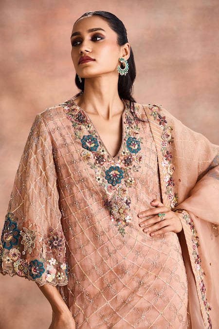 Buy Supria Munjal Beige Silk Organza Embroidery, Beads, Sequins V-neck Floral Lattice Kurta Set Online at Aza Fashions Buy_Supria Munjal_Beige Silk Organza Embroidery, Beads, Sequins V-neck Floral Lattice Kurta Set _Online_at_Aza_Fashions