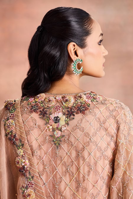 Shop Supria Munjal Beige Silk Organza Embroidery, Beads, Sequins V-neck Floral Lattice Kurta Set Online at Aza Fashions Shop_Supria Munjal_Beige Silk Organza Embroidery, Beads, Sequins V-neck Floral Lattice Kurta Set _Online_at_Aza_Fashions